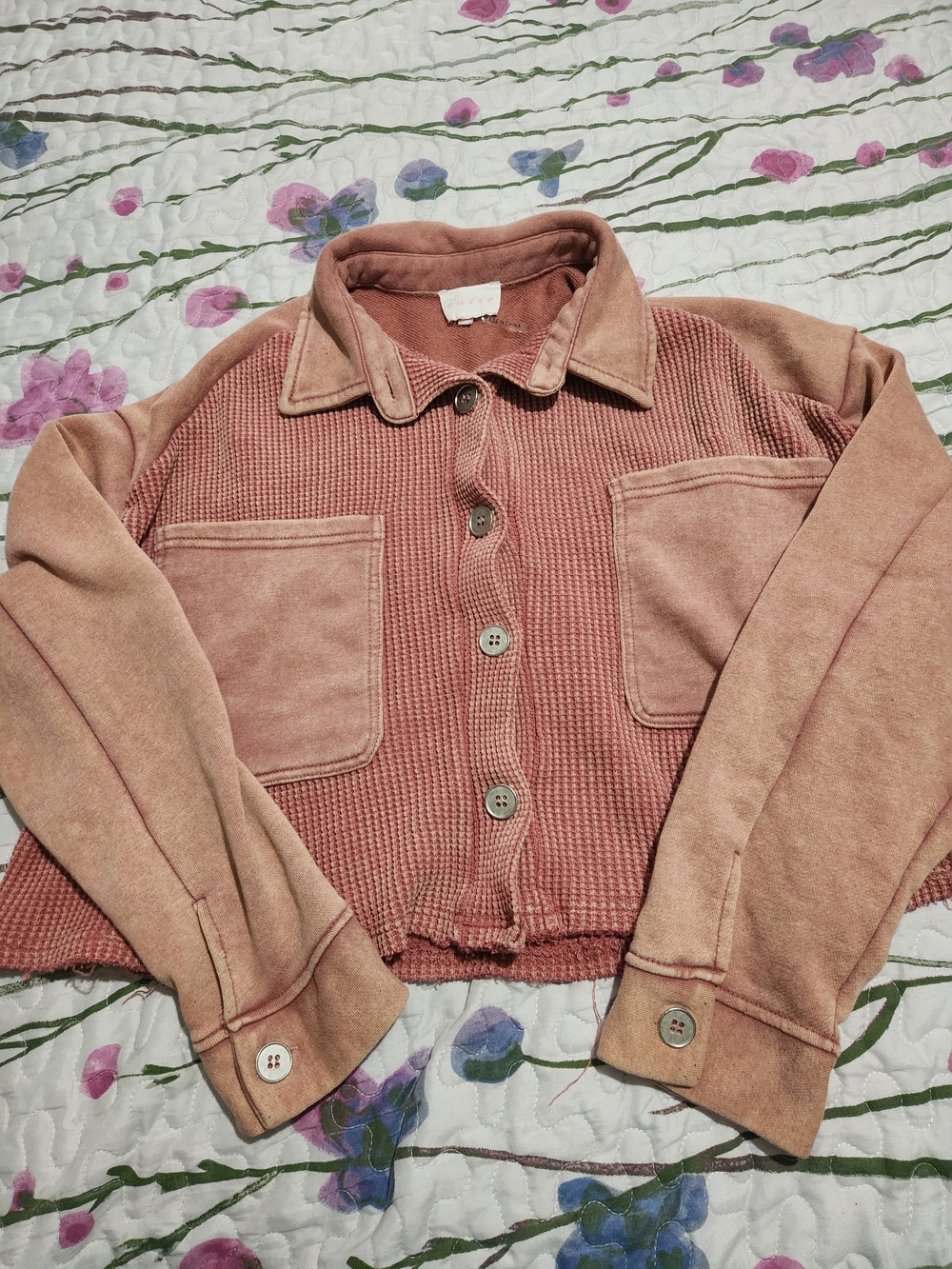 entro Mineral Washed Pink Waffle-Knit Button Cropped Jacket